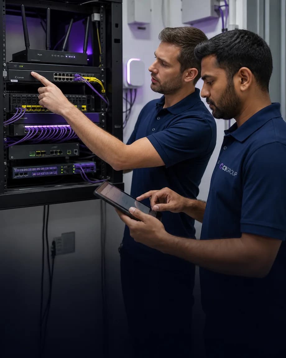 C9 GROUP field staff checking enterprise ethernet failover equipment at a critical business site