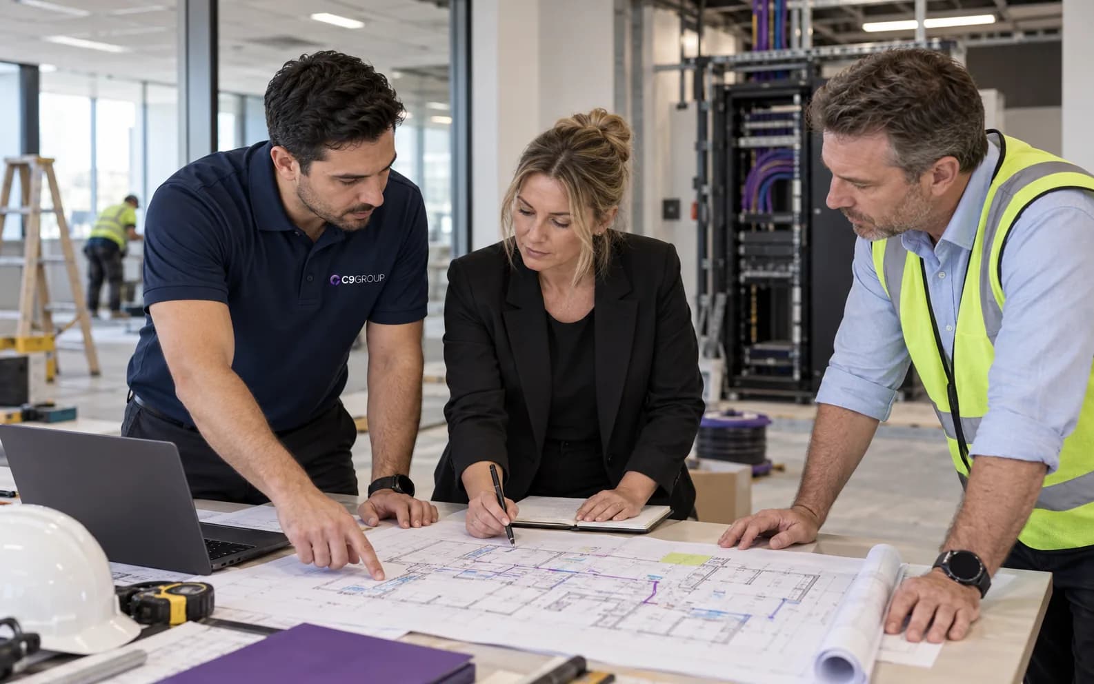 C9 GROUP coordinator reviewing site plans with project and facilities teams at a new business fitout