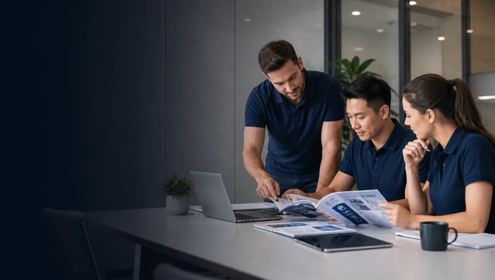 Business leaders reviewing technology planning material