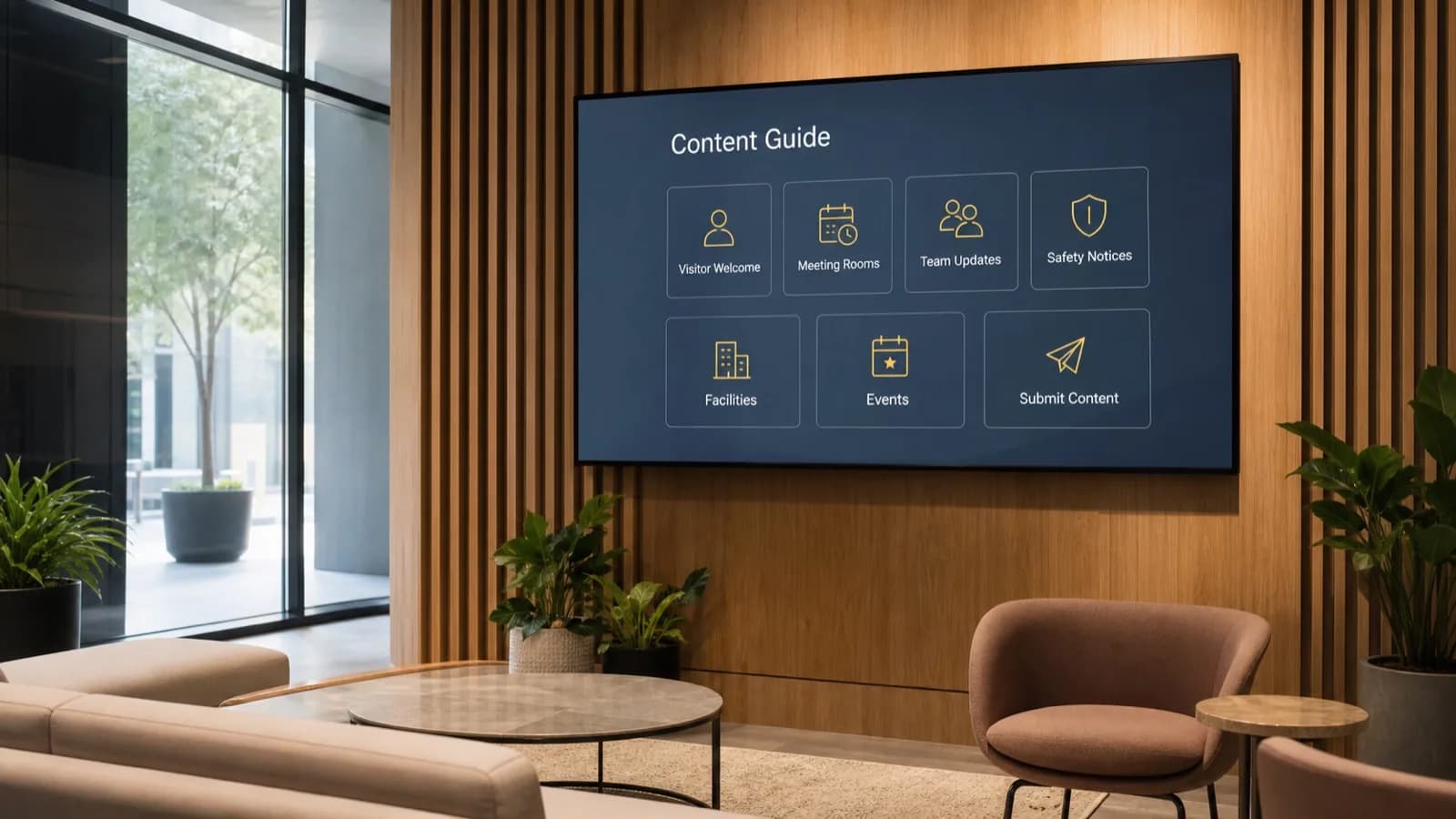 Commercial workplace lounge display showing content guide categories for visitor, meeting and staff updates