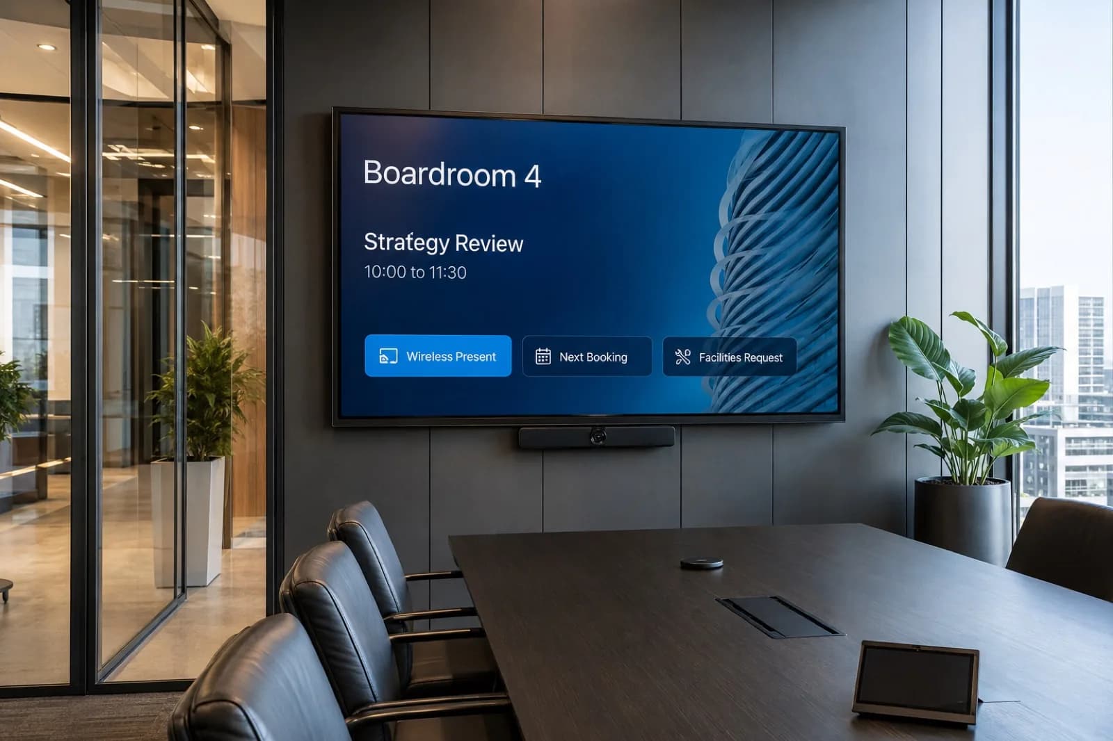 Boardroom display showing meeting schedule, wireless presentation and facilities request prompts