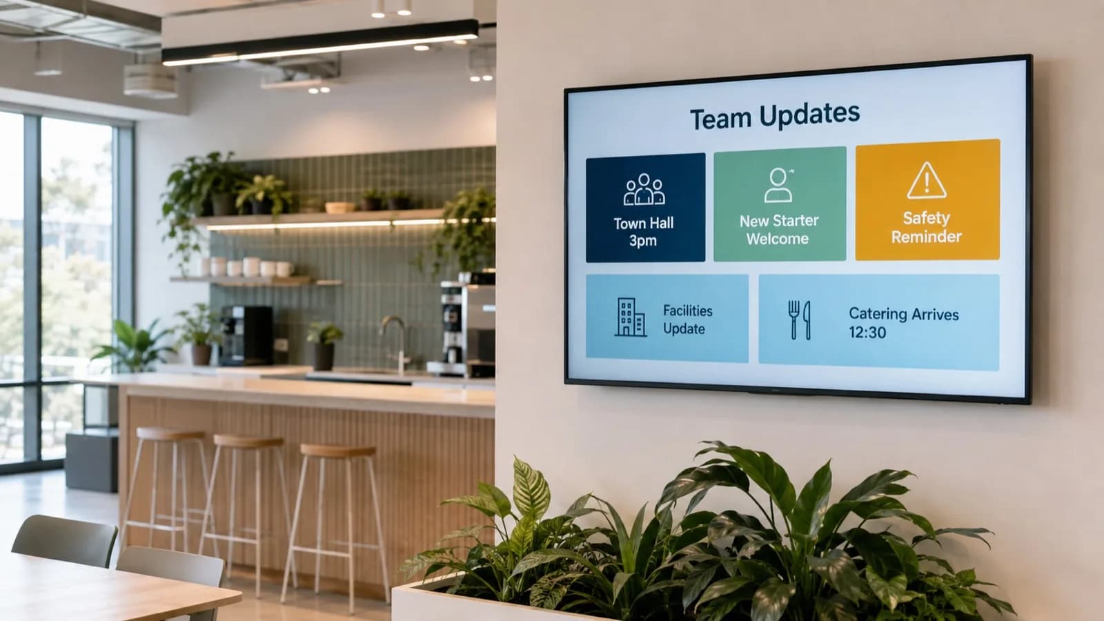 Workplace internal communications screen showing team updates and safety reminders