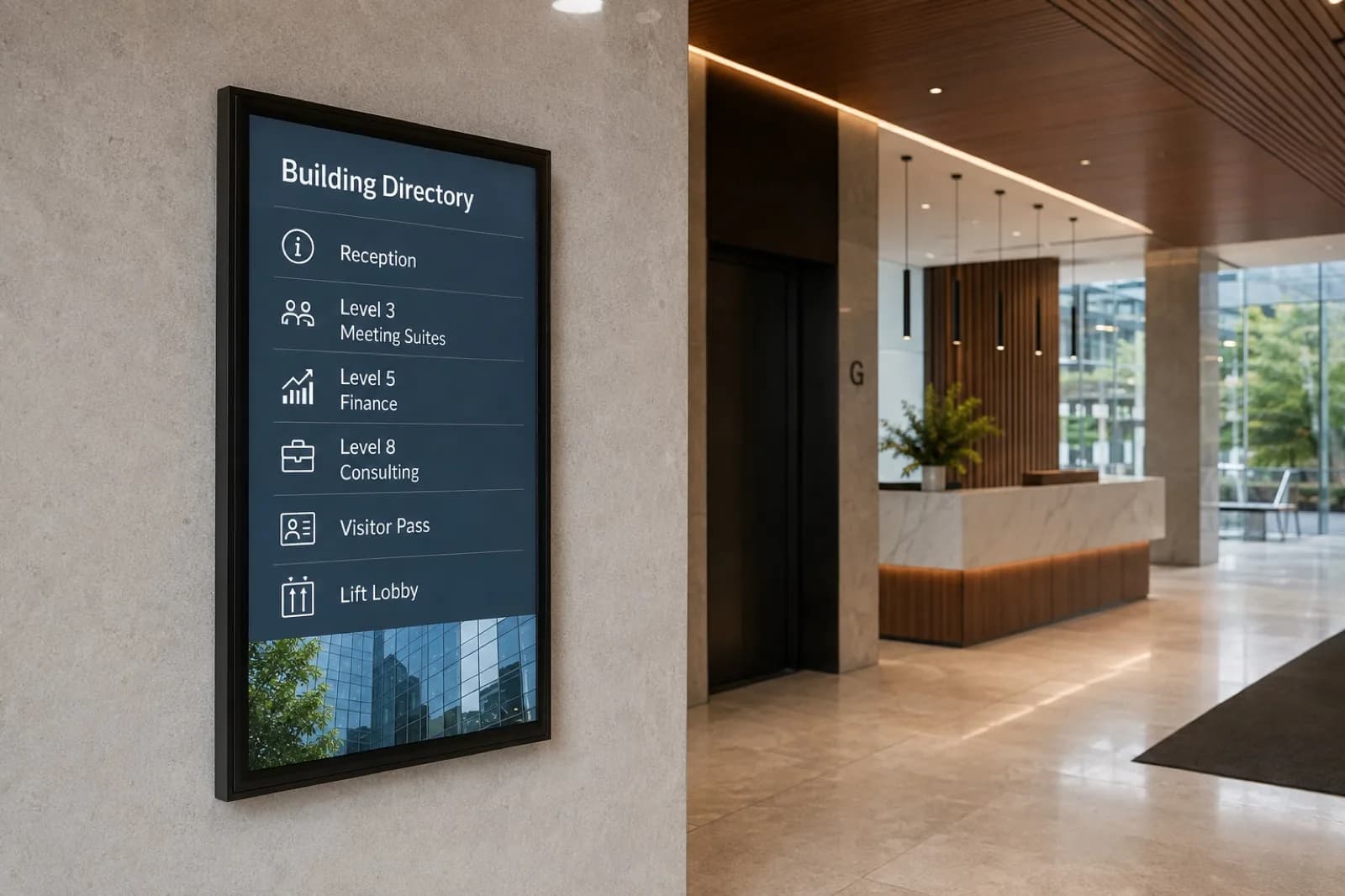 Commercial lobby directory display showing reception, tenant levels and lift lobby directions