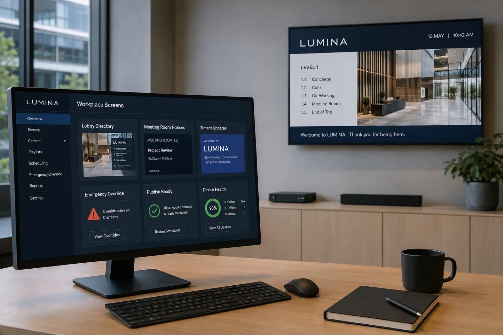 LUMINA dashboard managing workplace screens, tenant updates and device health