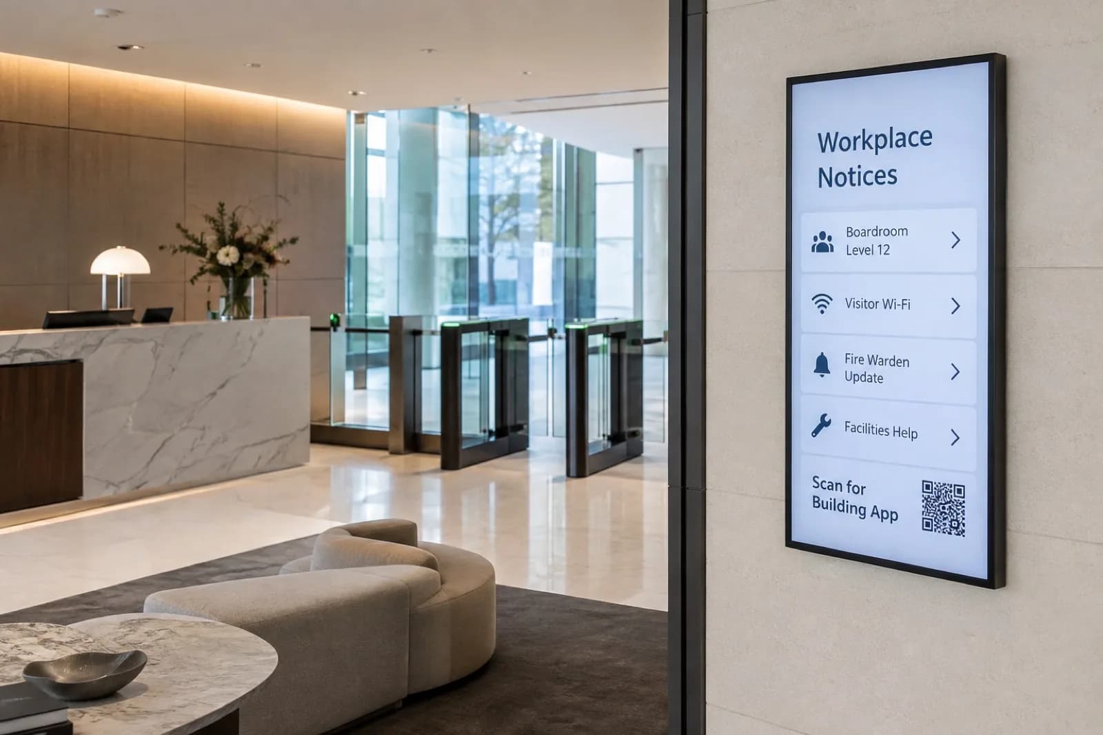 Commercial workplace reception display showing building notices and visitor information
