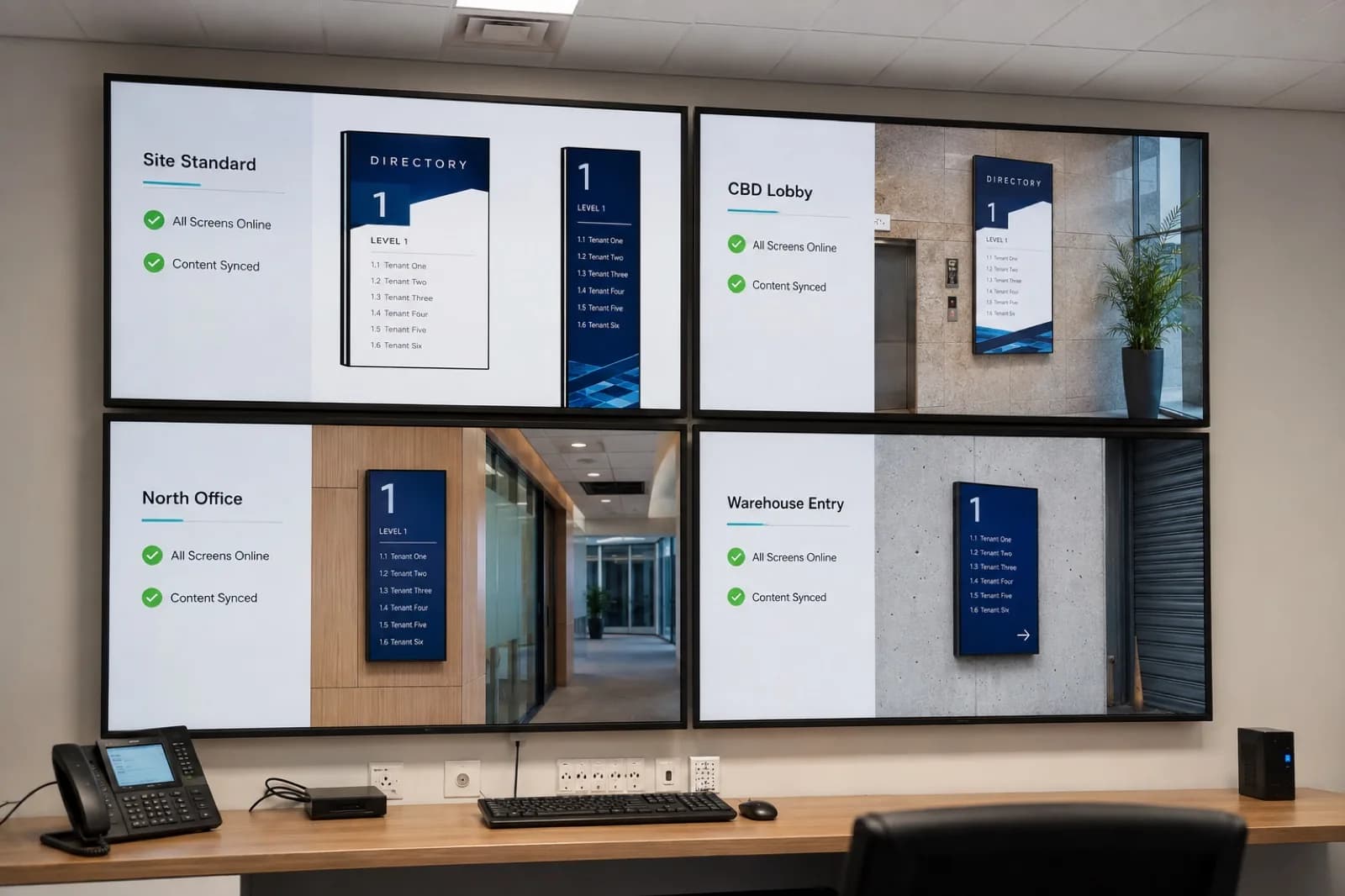 Commercial signage standard showing synced display templates across several workplace sites