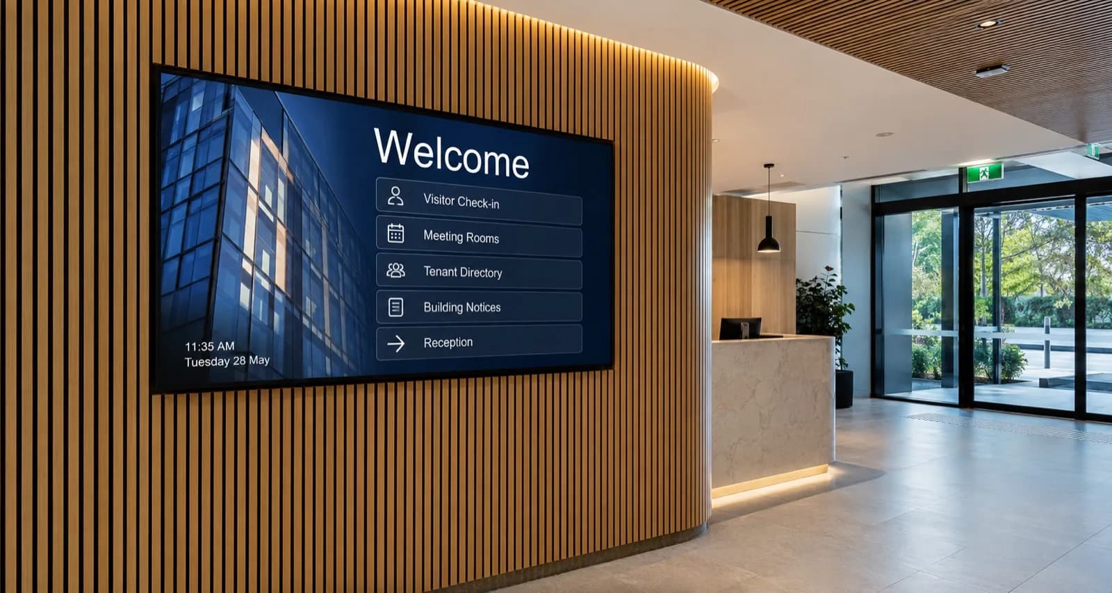 Commercial office lobby display showing visitor check-in, meeting rooms and tenant directory