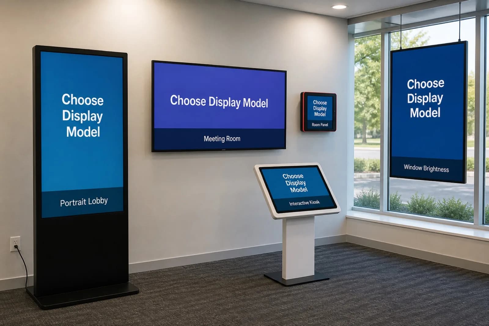 Commercial display formats including portrait lobby display, room panel, meeting display and kiosk