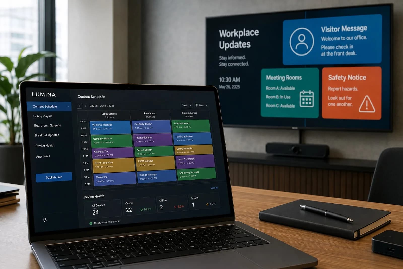 LUMINA content schedule dashboard for lobby, boardroom and breakout area signage