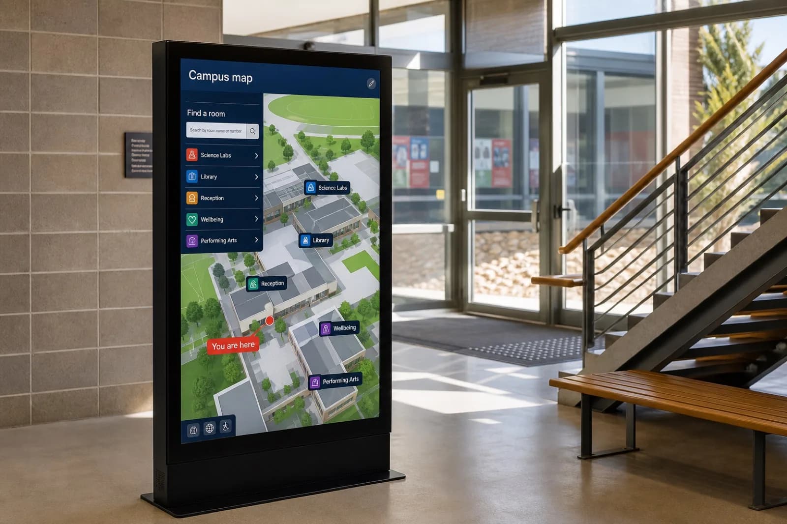 Interactive campus wayfinding kiosk showing a map and room search