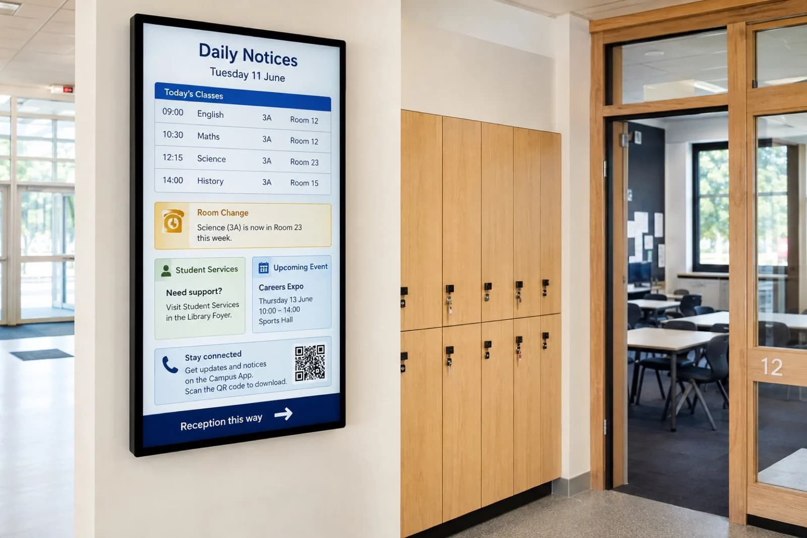 Digital notice display beside an education classroom showing daily notices
