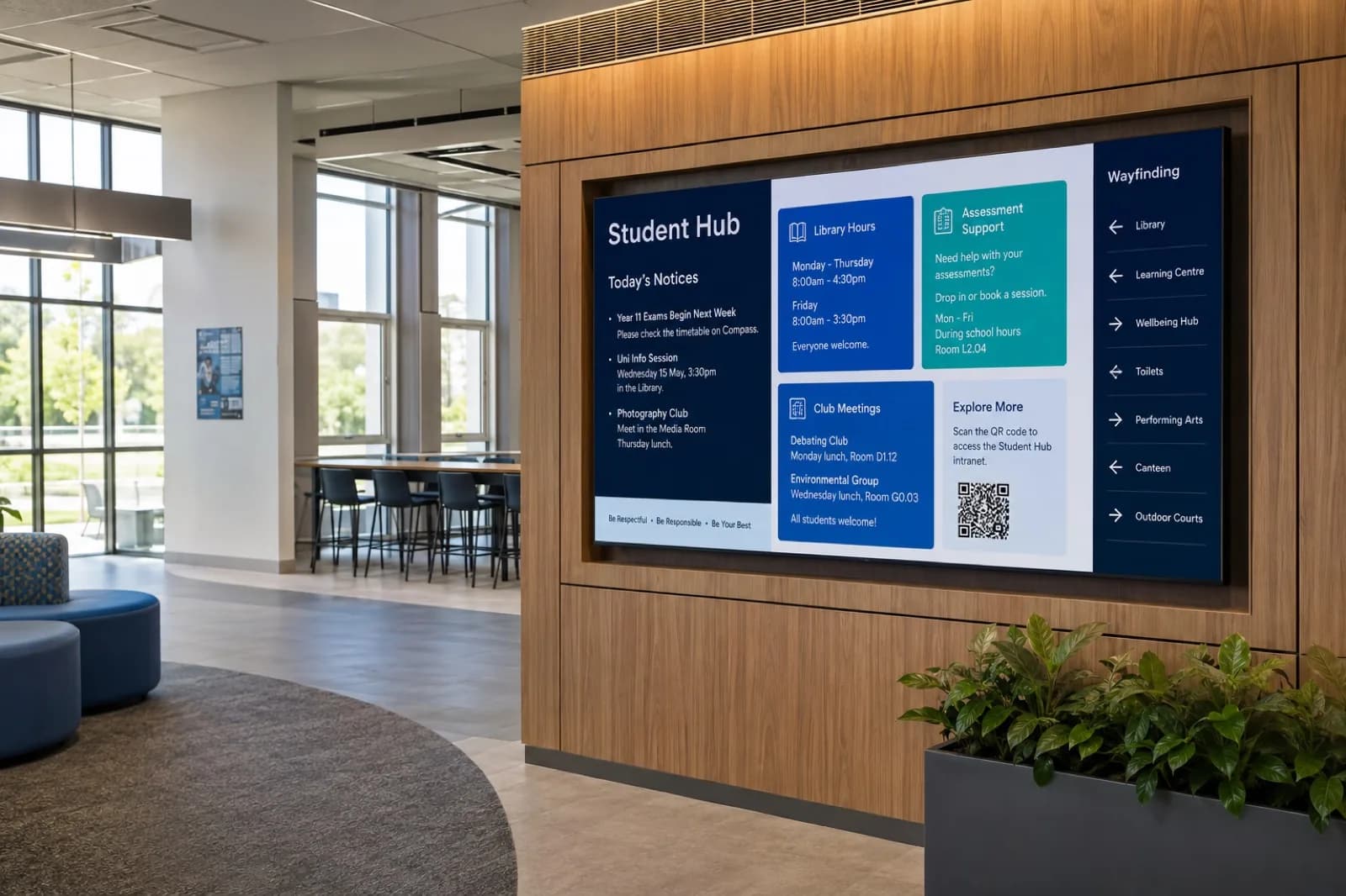 Student hub display showing campus notices, library hours and wayfinding