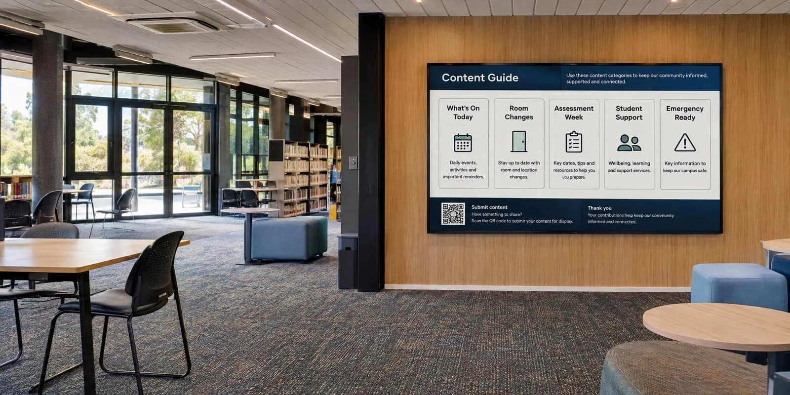 Education learning commons display showing content guide categories for classroom and campus notices