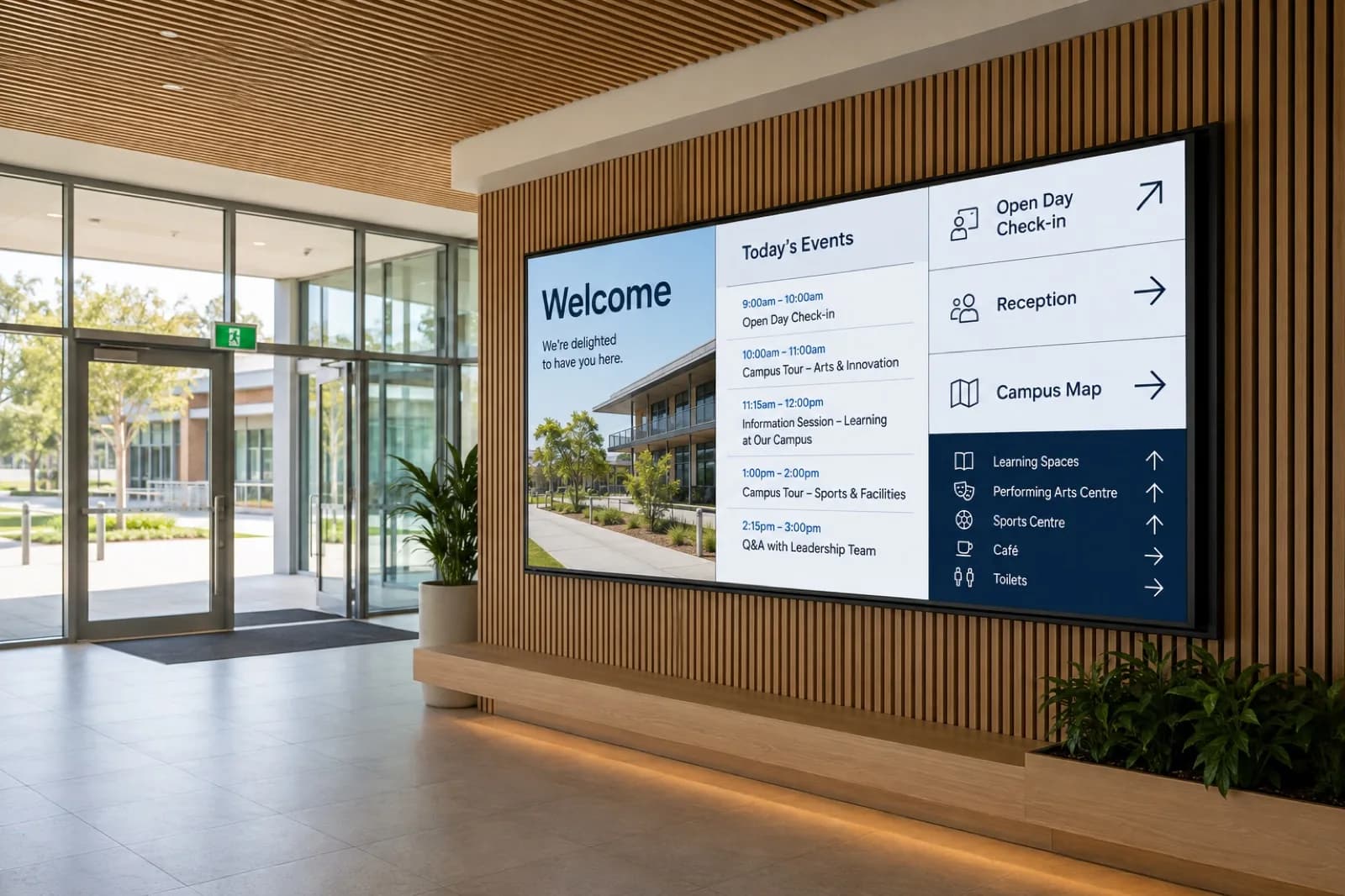 Education campus entrance display showing welcome notices, events and wayfinding