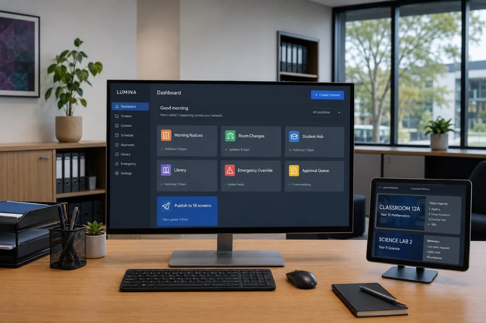LUMINA planning dashboard for education notices, approvals and screen publishing