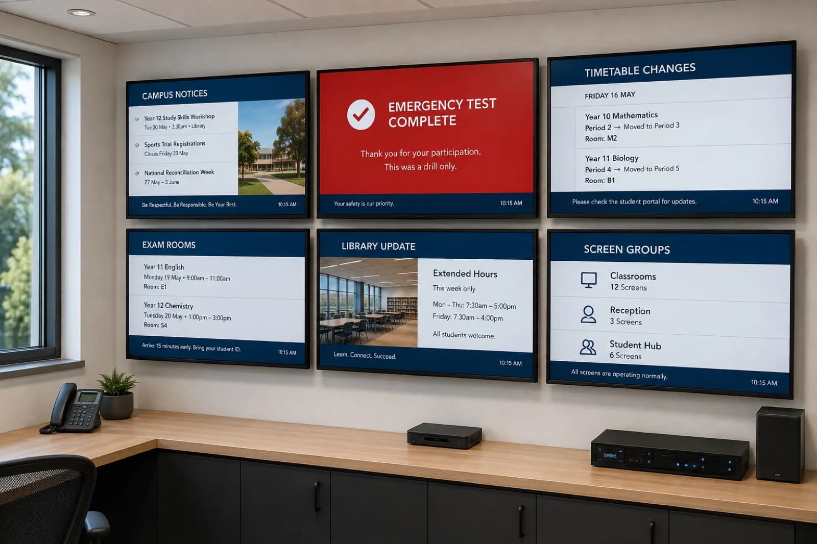 Education display network showing consistent campus notices across multiple screens