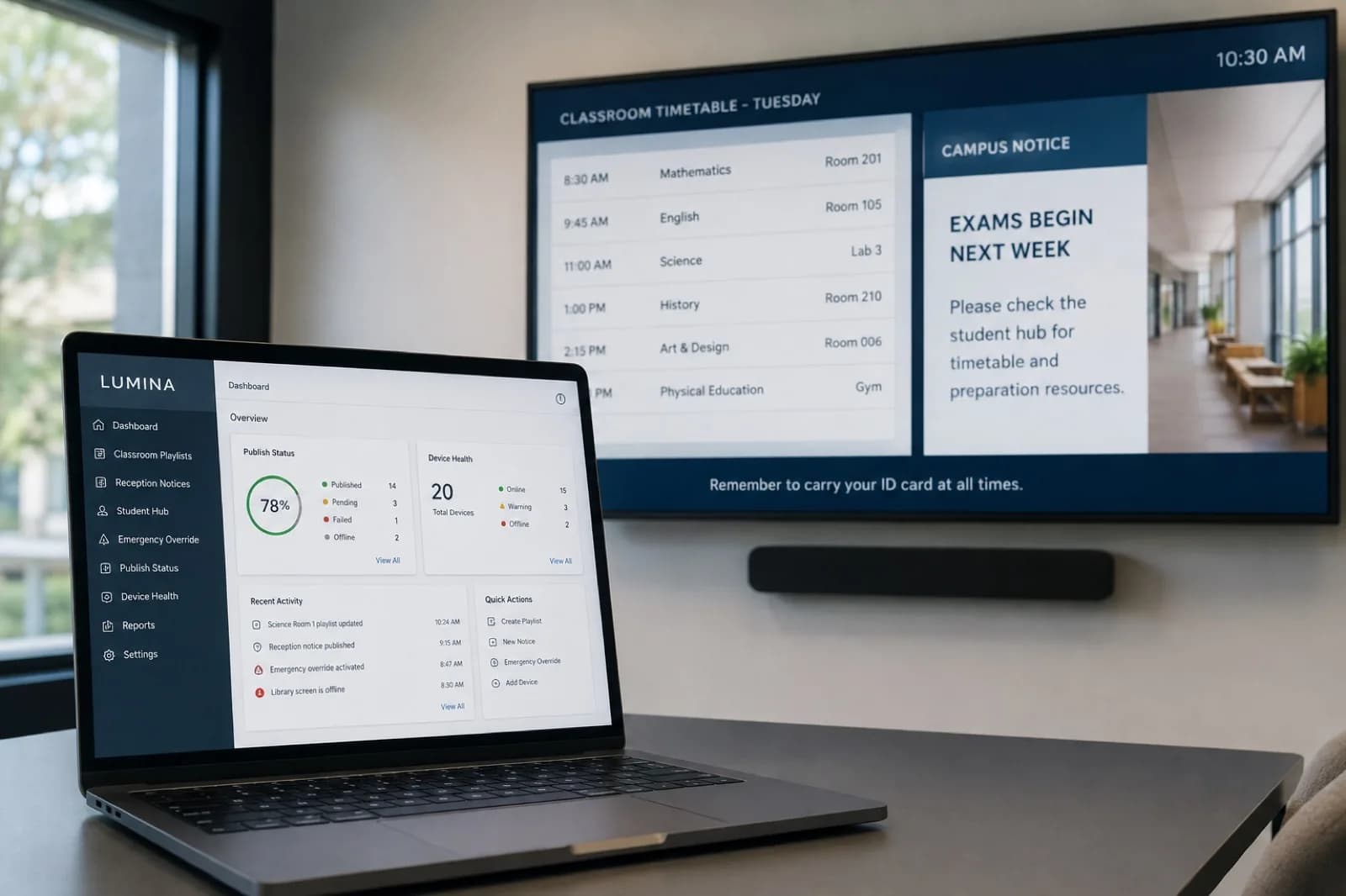 LUMINA signage scheduling dashboard for classroom playlists and campus notices