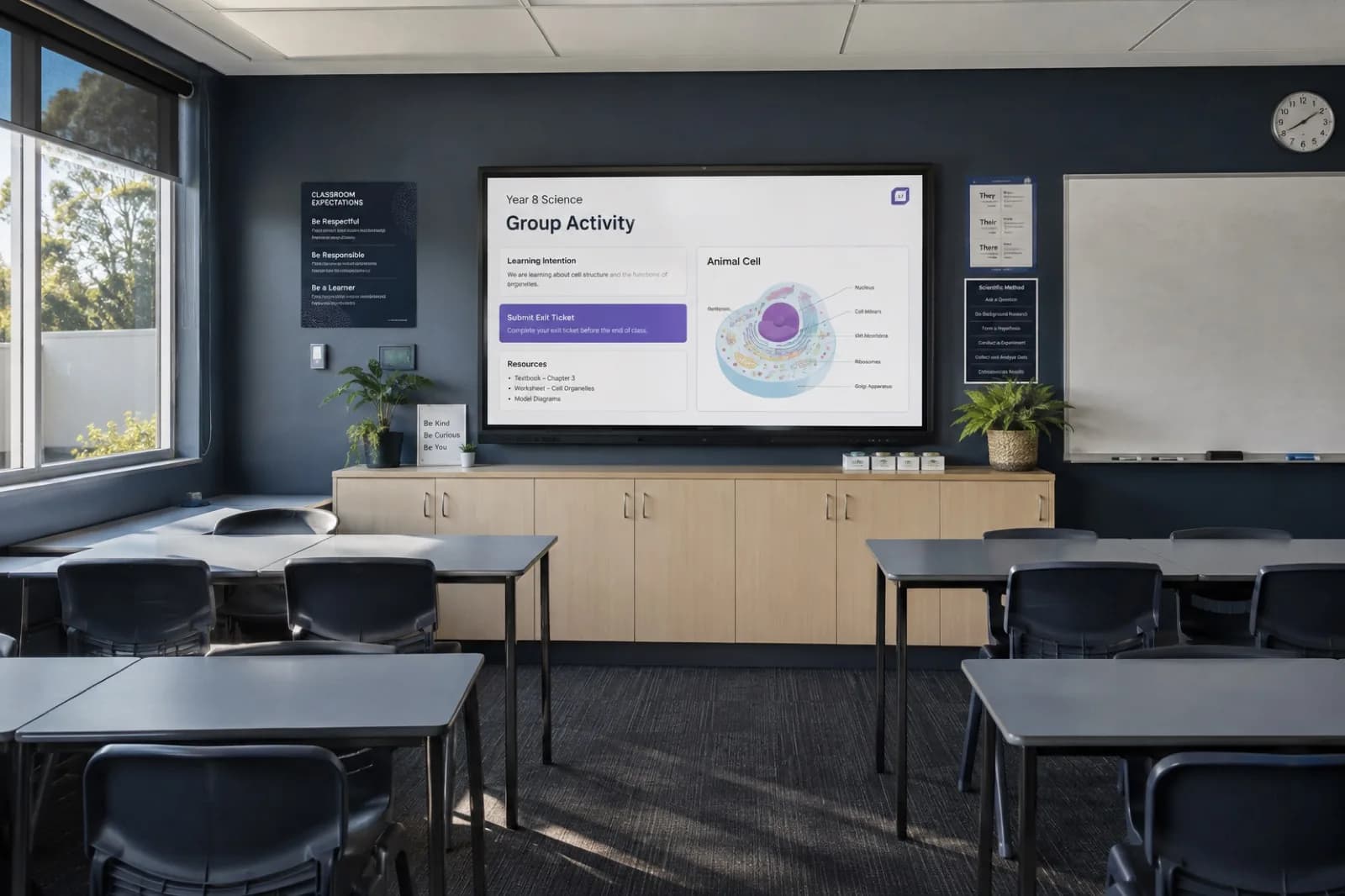 Interactive classroom display showing a group activity lesson board