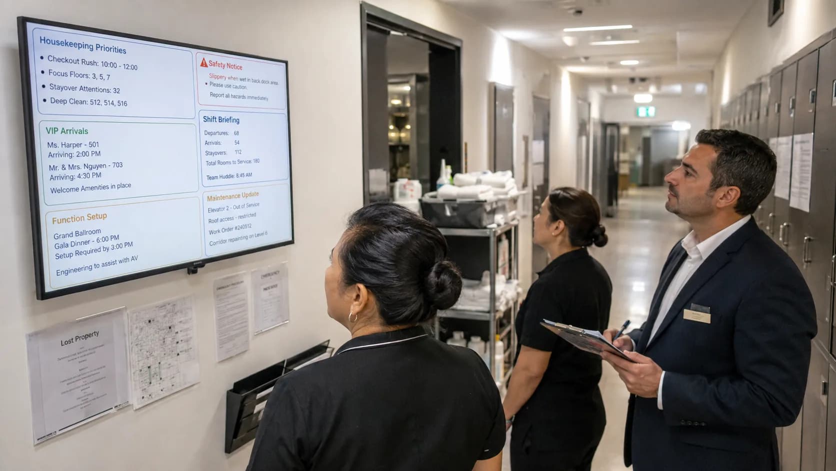 Hotel operations team reviewing back-of-house staff briefing signage