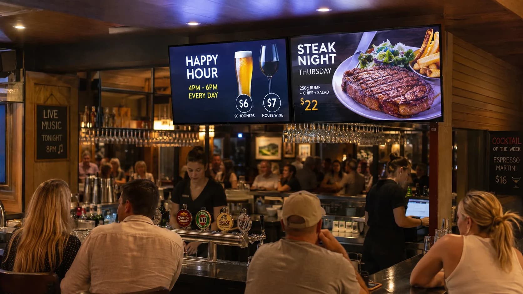 Hospitality bar and bistro digital signage showing specials, events and venue promotions