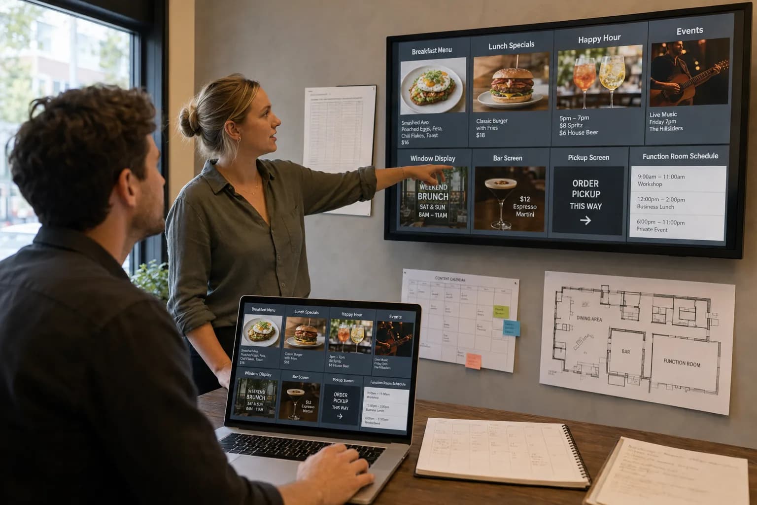 Hospitality team using LUMINA to coordinate slim digital signage across a venue