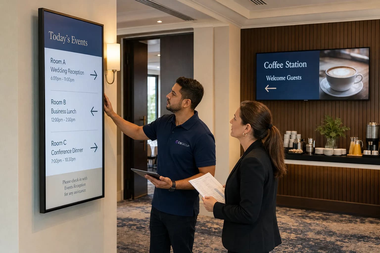 C9 GROUP specialist reviewing event and function room signage with a venue manager
