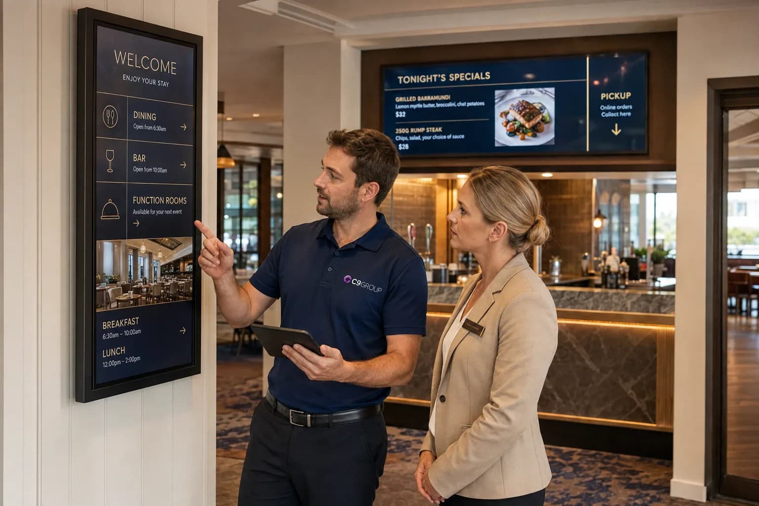 C9 GROUP specialist reviewing hospitality wayfinding and menu signage in a modern venue