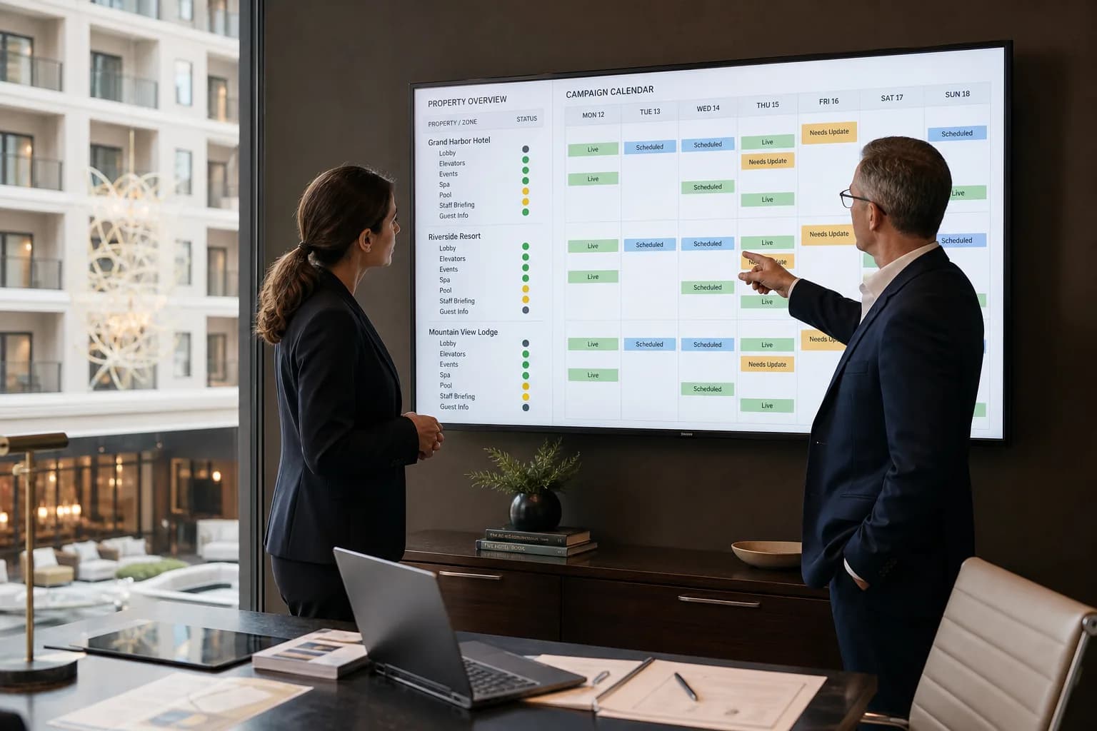Hotel group operations team reviewing property-wide signage schedules and screen status
