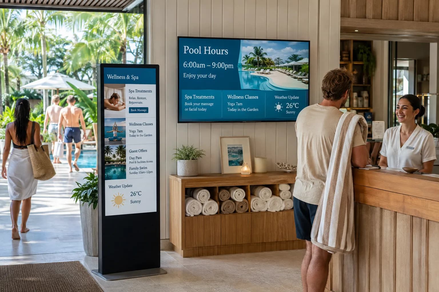 Resort spa and pool digital signage showing amenity hours and guest offers