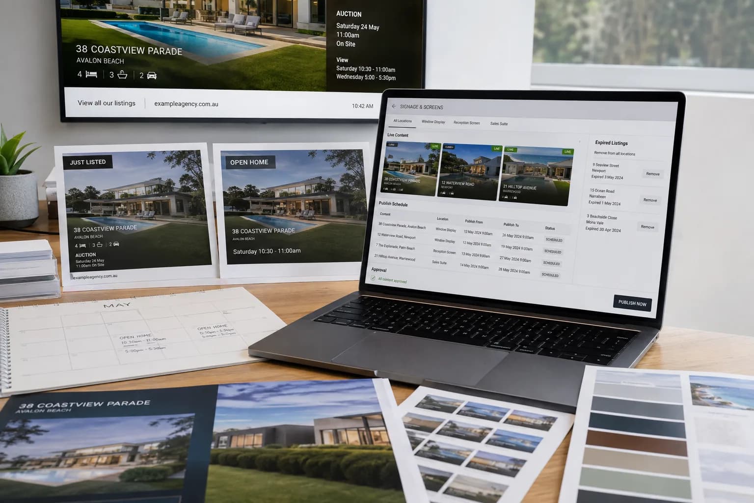 Real estate signage campaign control with listing previews, schedules and approval status