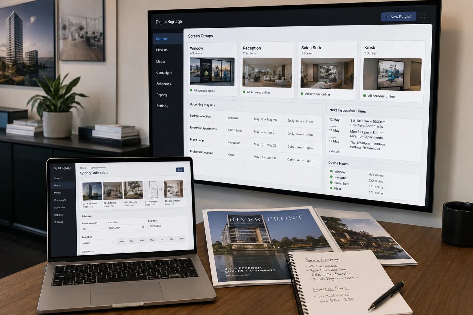 Real estate marketing workspace managing LUMINA screen groups and listing playlists