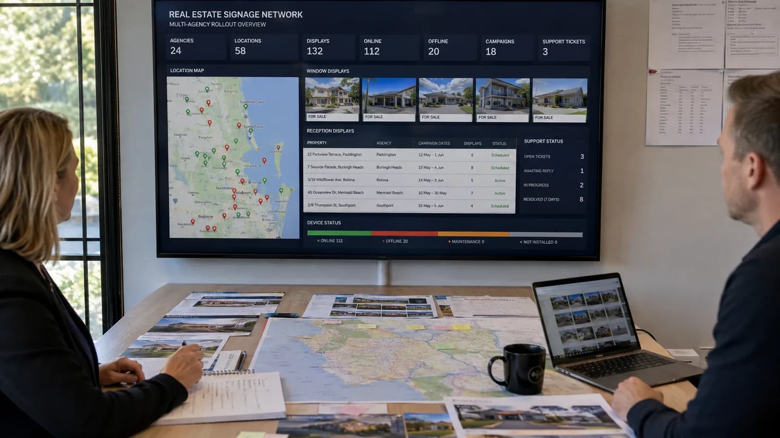 Real estate signage network planning screen showing agency locations and display status
