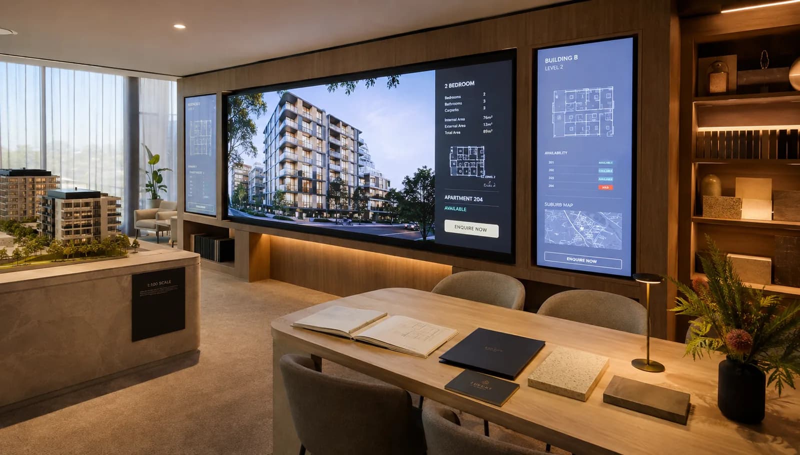 Real estate sales suite display wall showing apartment renders, floorplans and availability