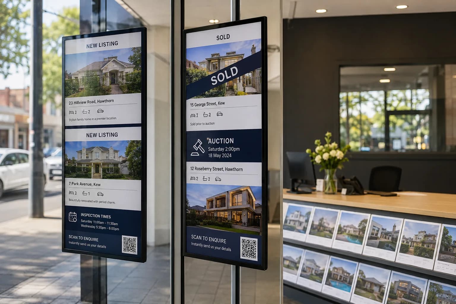 Agency window displays real estate signage touchpoint