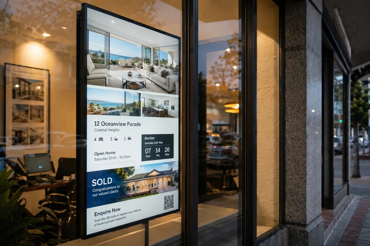 High-brightness real estate window display showing listing details after hours