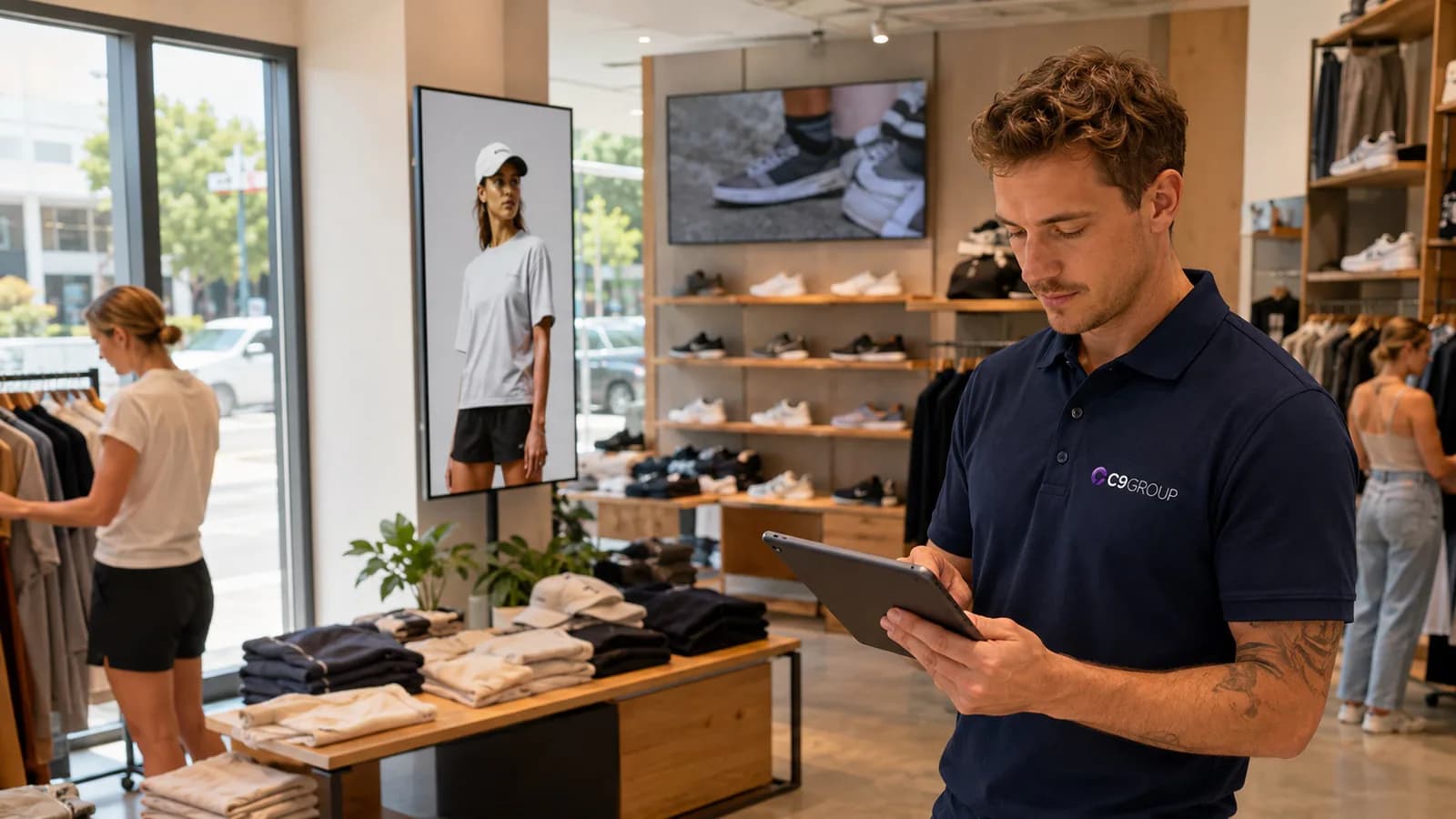 C9 GROUP specialist reviewing slim retail digital signage in a modern store