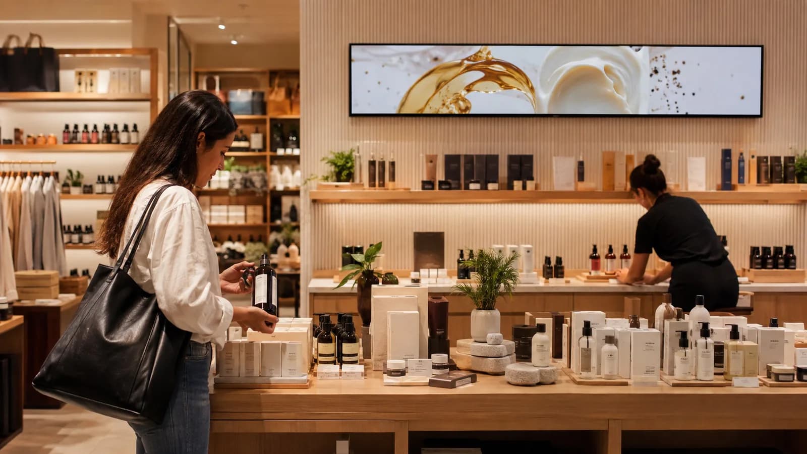Slim horizontal retail signage above a feature product display