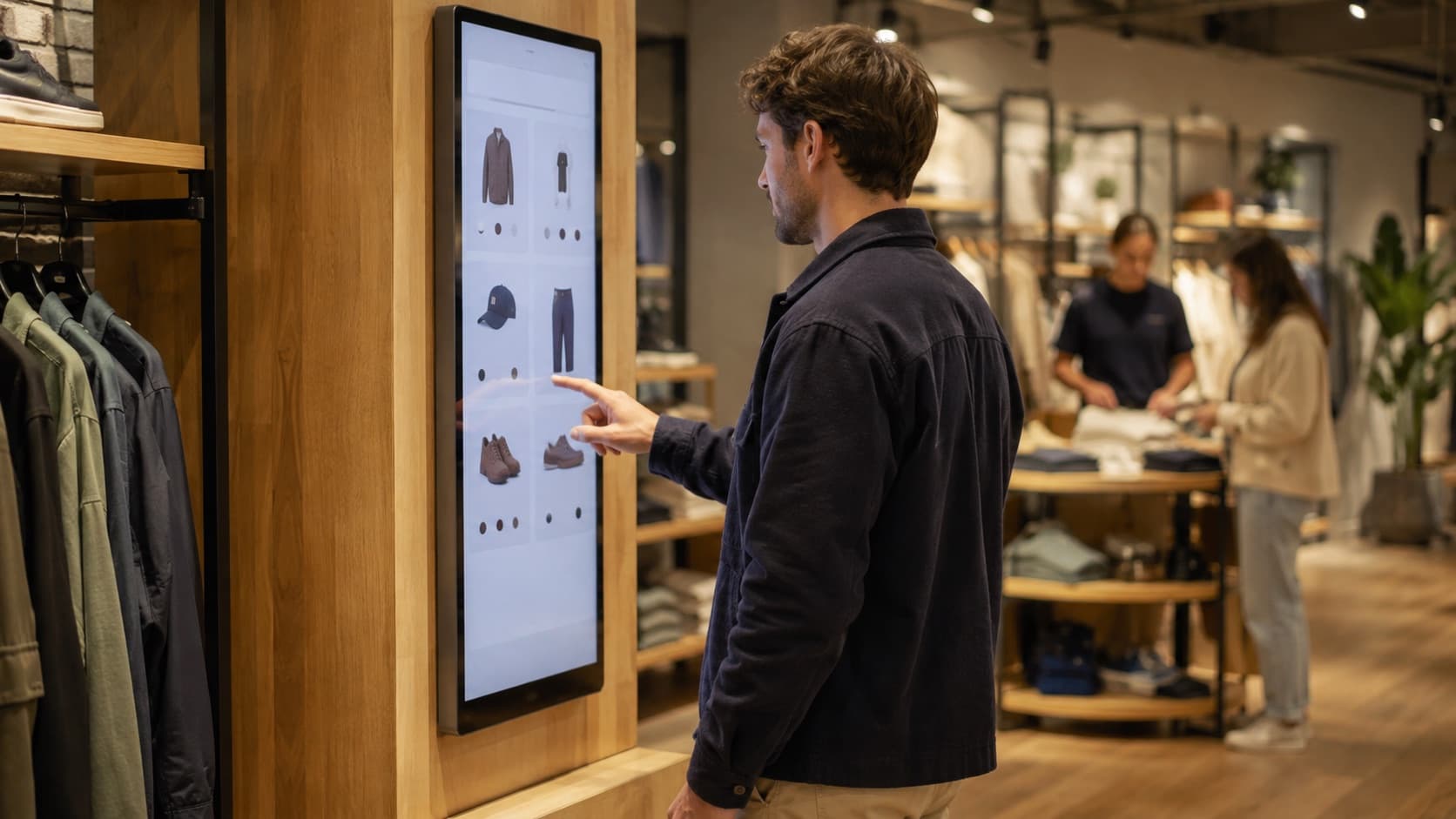 Customer using a slim interactive retail product finder display
