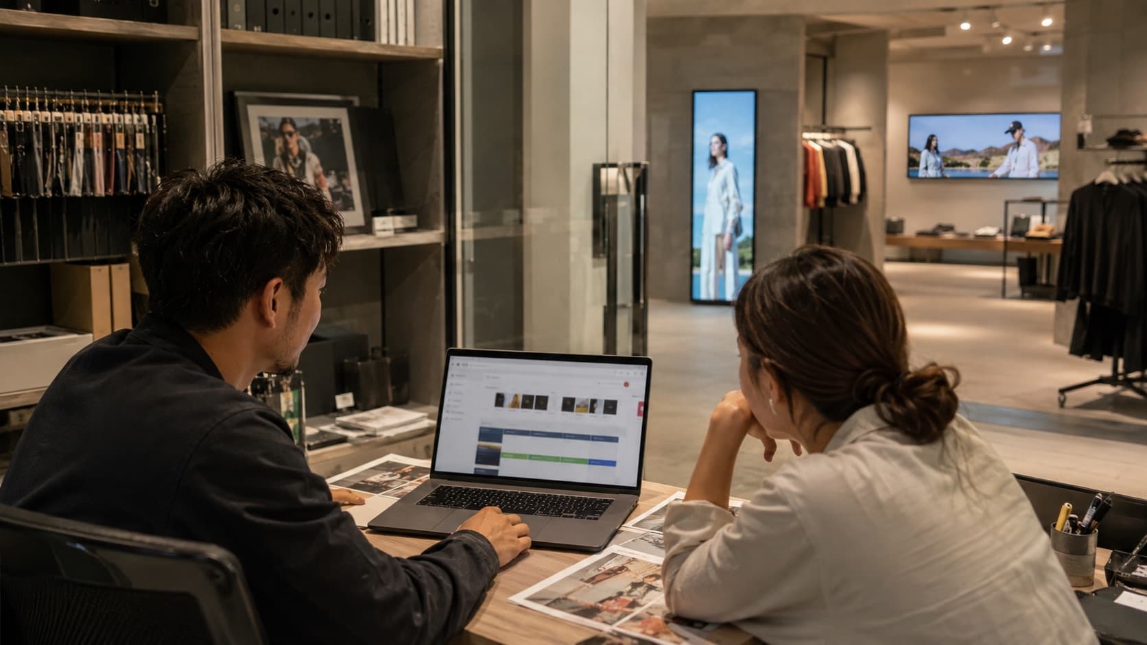 Retail team using LUMINA to coordinate slim digital signage across a store