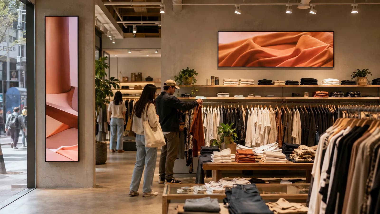 Retail store with installed digital signage guiding shoppers through new season products