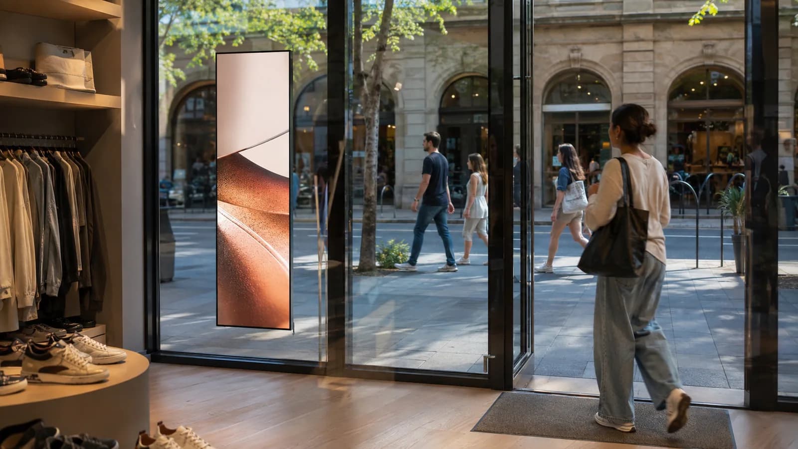 Slim high-brightness retail signage positioned inside a shopfront window