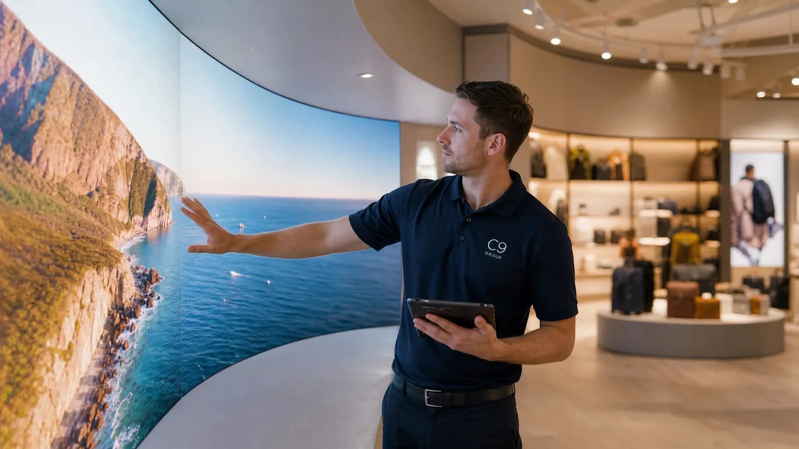 C9 GROUP staff member checking a curved LED display installation in a retail showroom