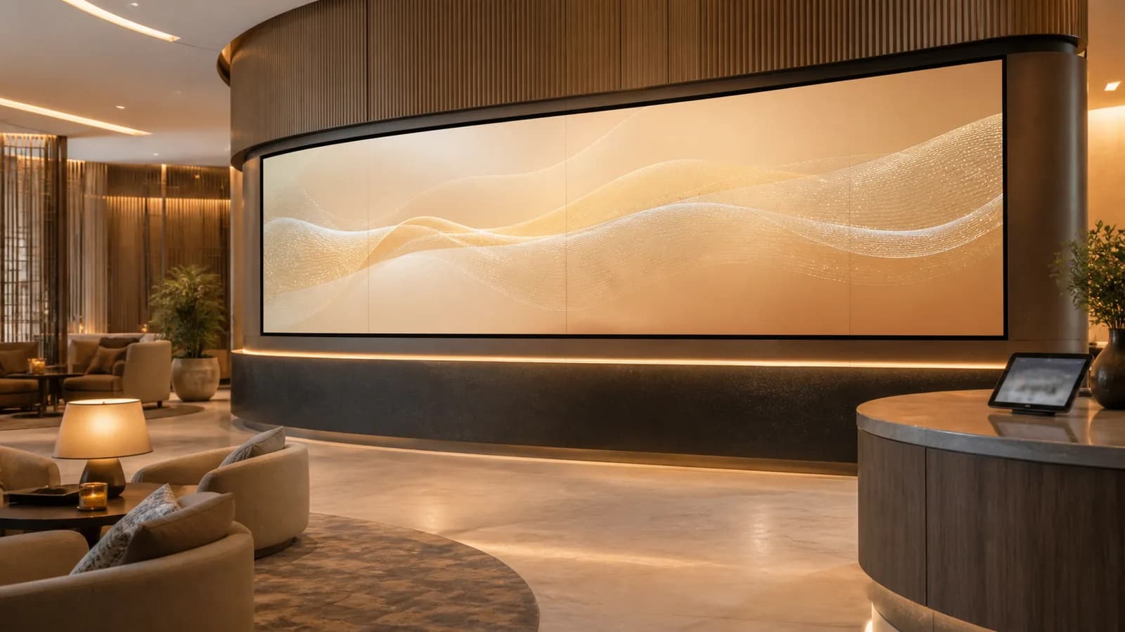 Curved display canvas running in a hospitality lobby with content zones
