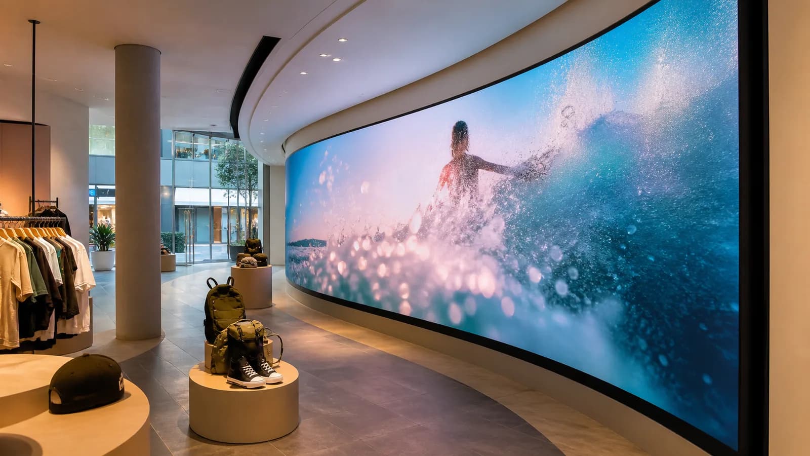 Curved LED feature wall running in a premium retail showroom