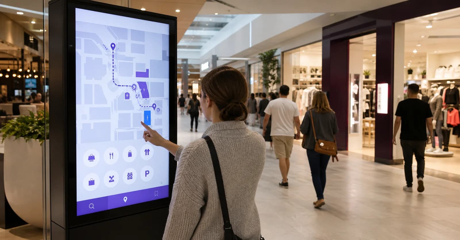 Shopper using an interactive mall directory kiosk to find stores and services