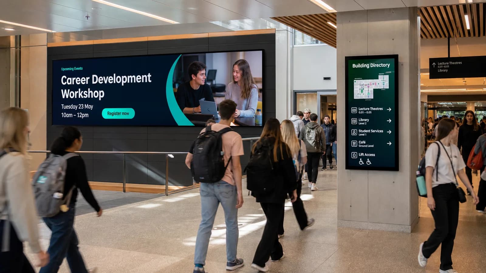 Education campus with horizontal and vertical LED signage running wayfinding and event content