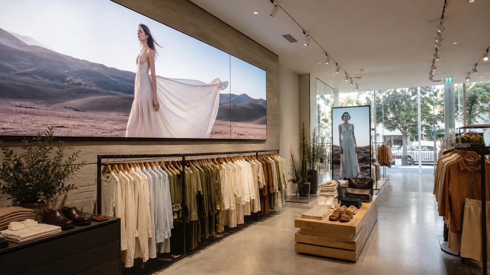 Retail showroom with horizontal and vertical LED signage running campaign content