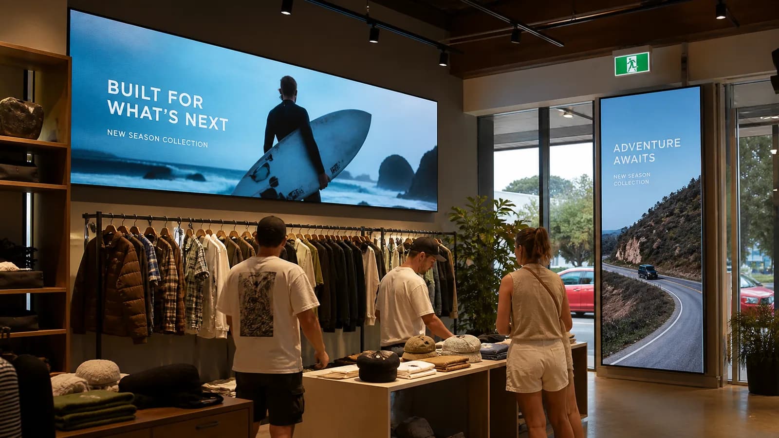 Retail LED signage with horizontal and vertical displays running in a showroom