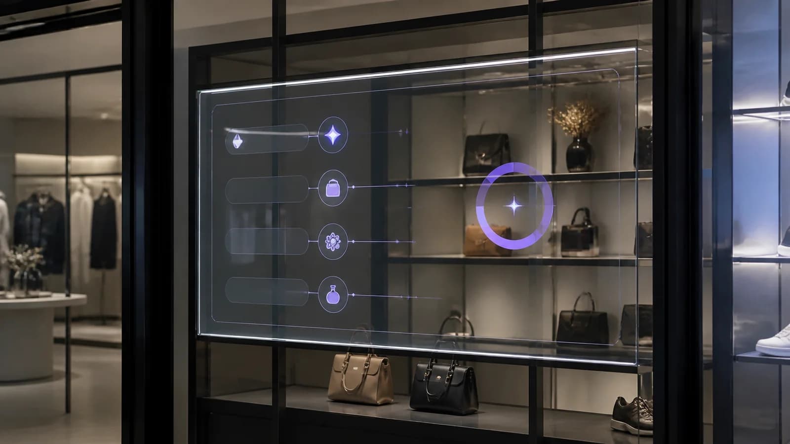 Transparent retail display showing campaign content while products remain visible behind the glass