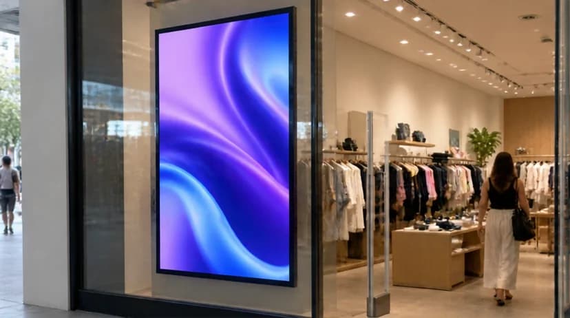 Transparent OLED retail display used as a comparison point for glass-facing signage